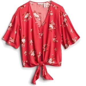 LUQ Bright Coral Red Floral Short Sleeve Crop Top With Tie At Waist Size Medium